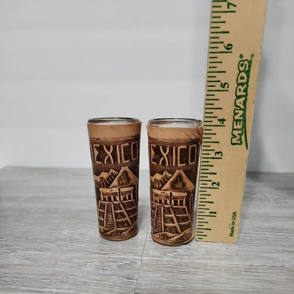 Mexico Tooled Leather Shot Glass‎ Travel Souvenir Set Of 2